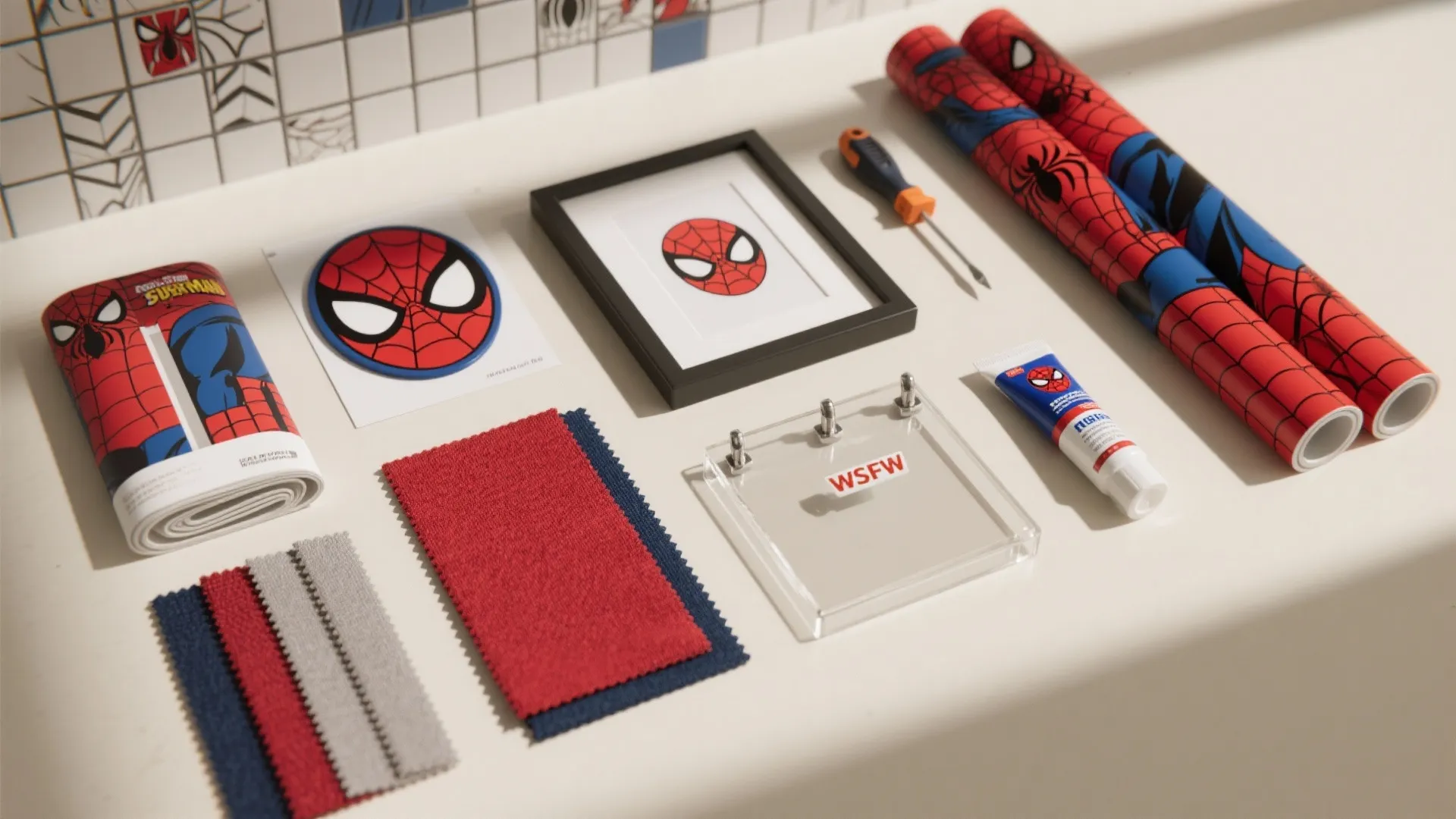 Spider Man themed interior design materials including wallpaper rolls fabric swatches frame and a small screwdriver