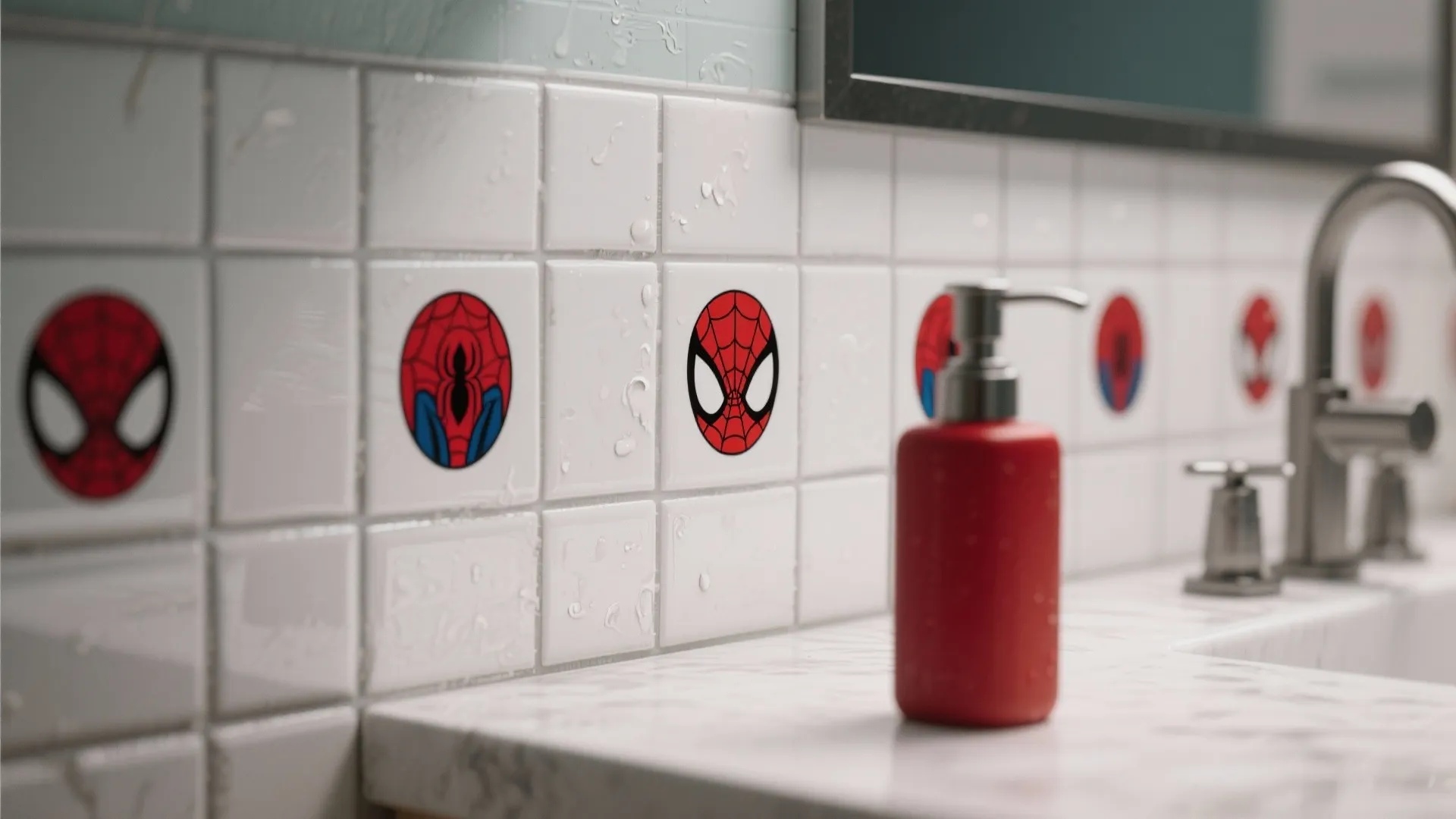 Close-up of white bathroom wall tiles with Spider-Man stickers, red soap bottle, and metal faucet