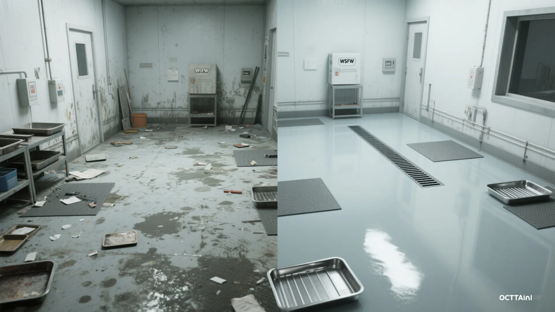 Before and after comparison of a dirty workshop floor and a clean shiny blue floor