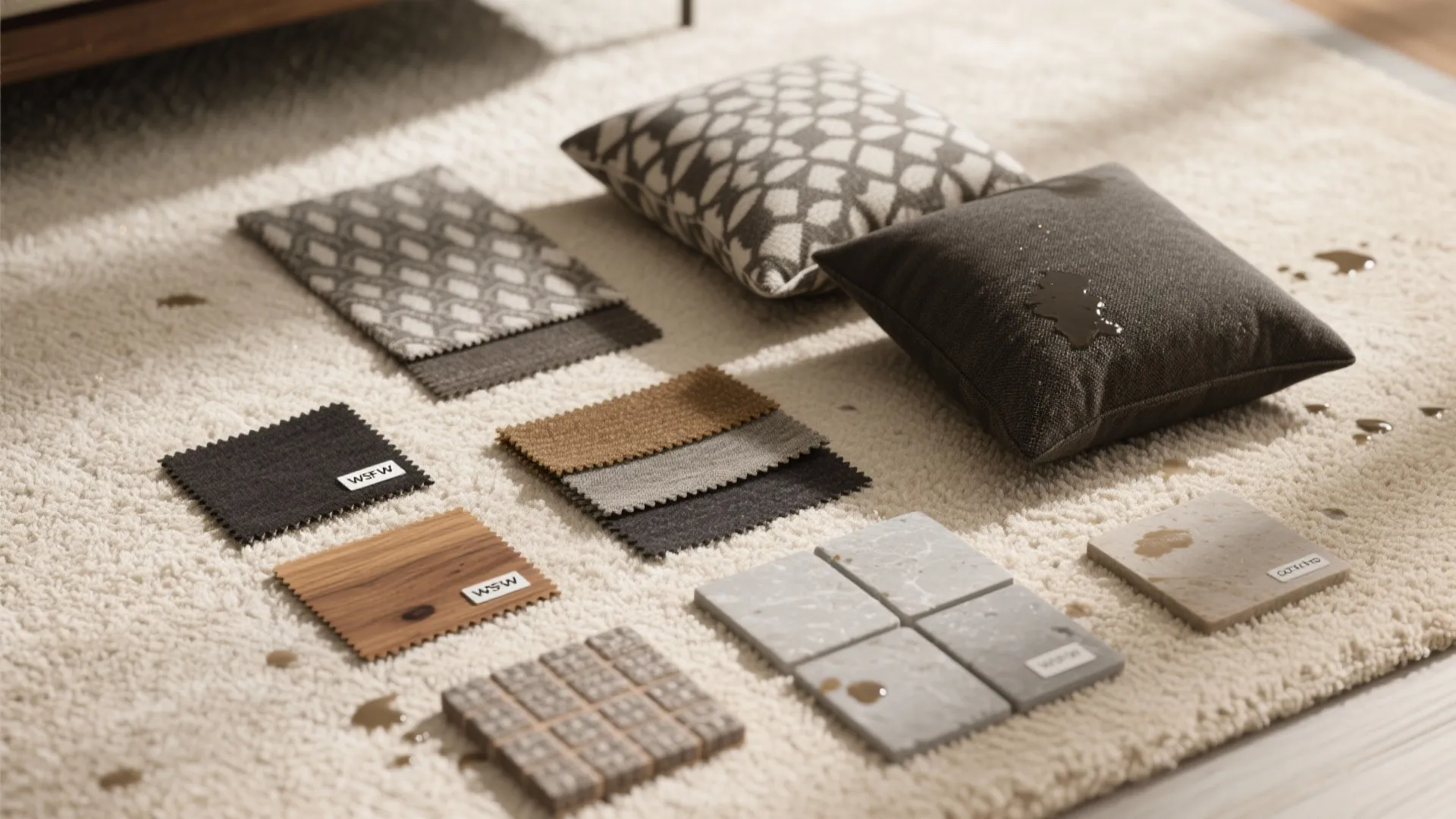 Various material samples and pillows on beige rug showing water droplets for spill resistant testing
