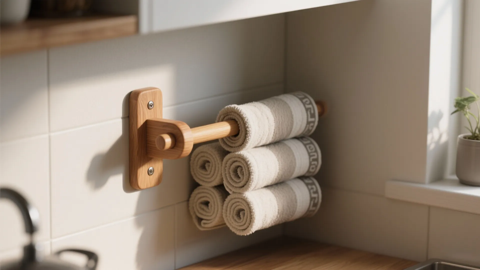 Wall-mounted wooden spindle with rolled towels, showing bracket and tidy storage in a small kitchen.