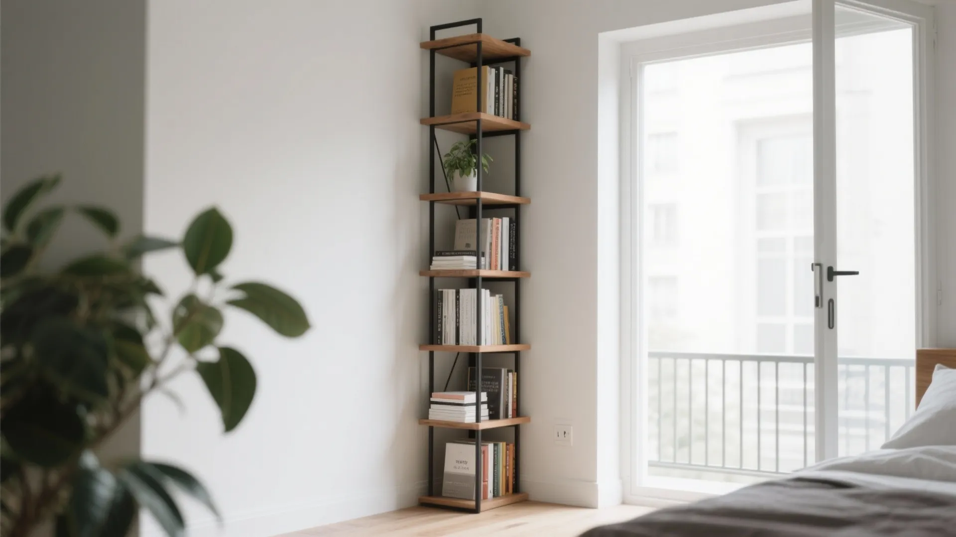 Tall narrow black metal and wood bookshelf in room corner next to balcony glass door