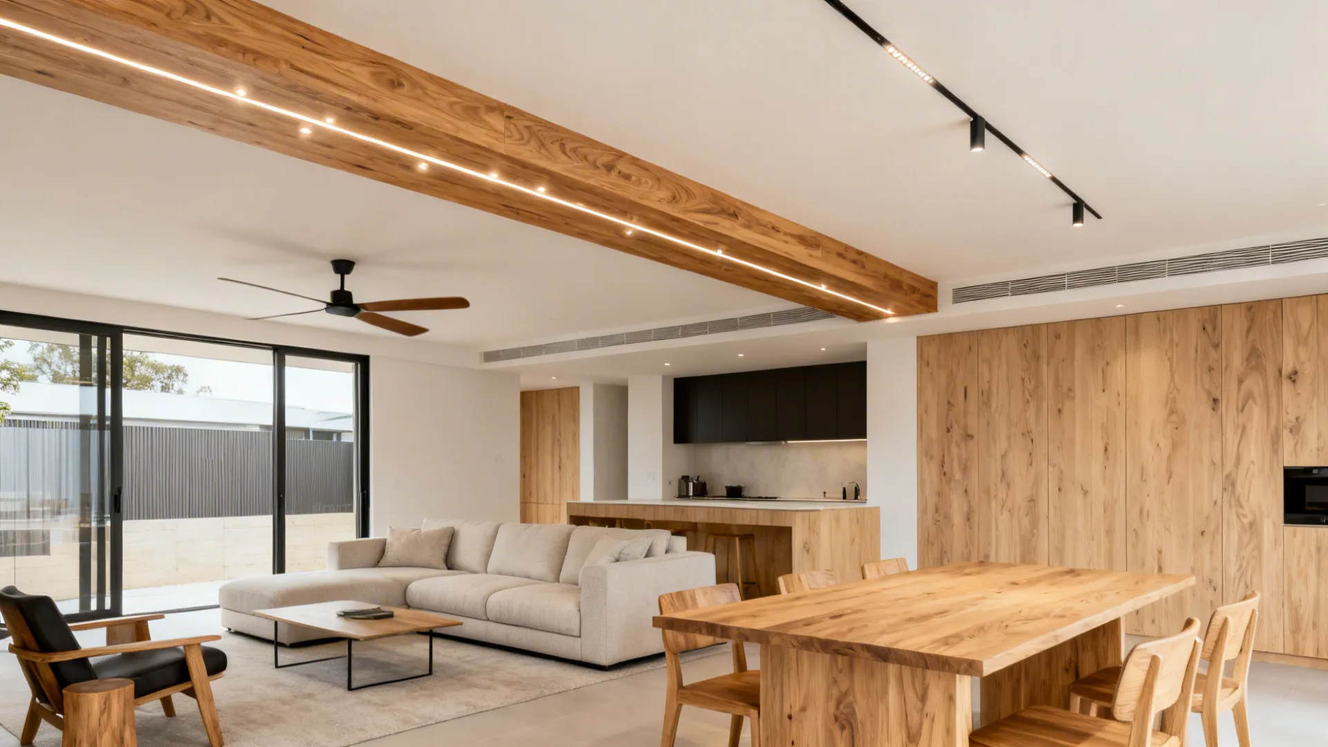 Open living area with a wood-look ceiling spine and an offset DC fan above the seating zone.