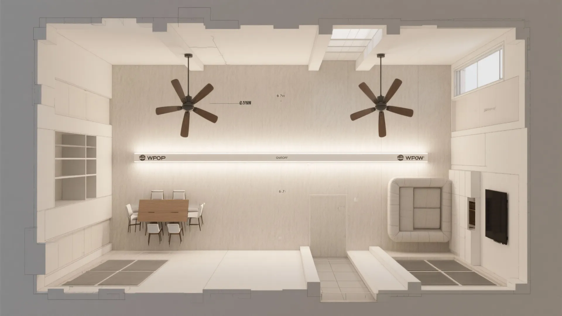 Top-down layout showing a central light spine with two fans spaced evenly in a hall.