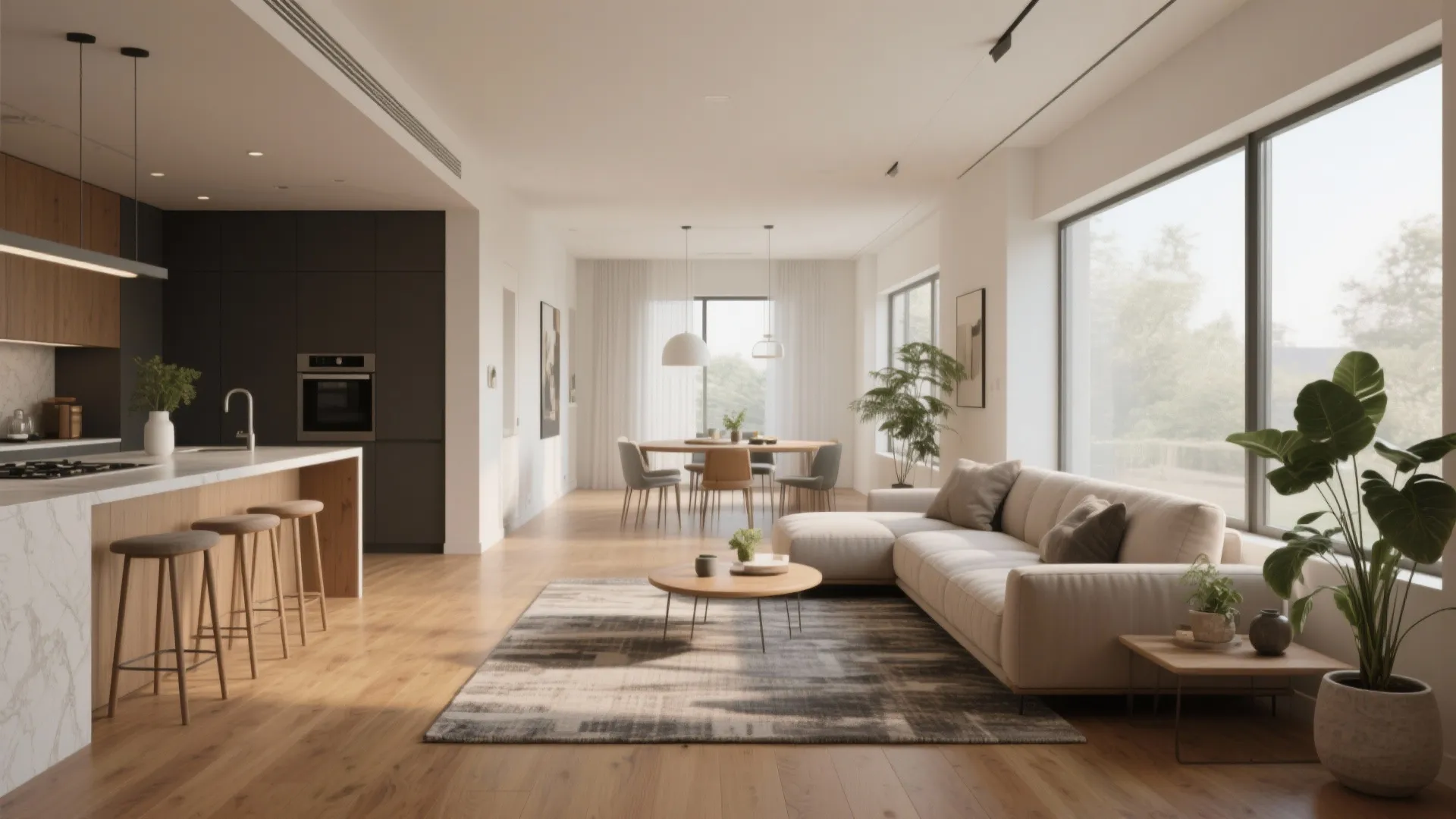 Open spine layout with living area and kitchen in a single wide mobile home