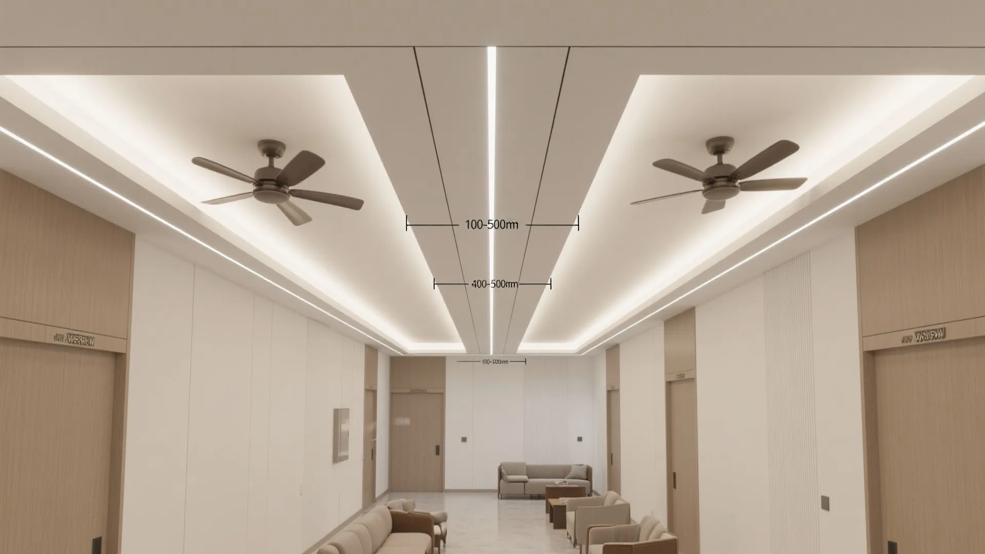 Modern corridor interior design drawing with ceiling fans hidden light fixtures and wood wall panels