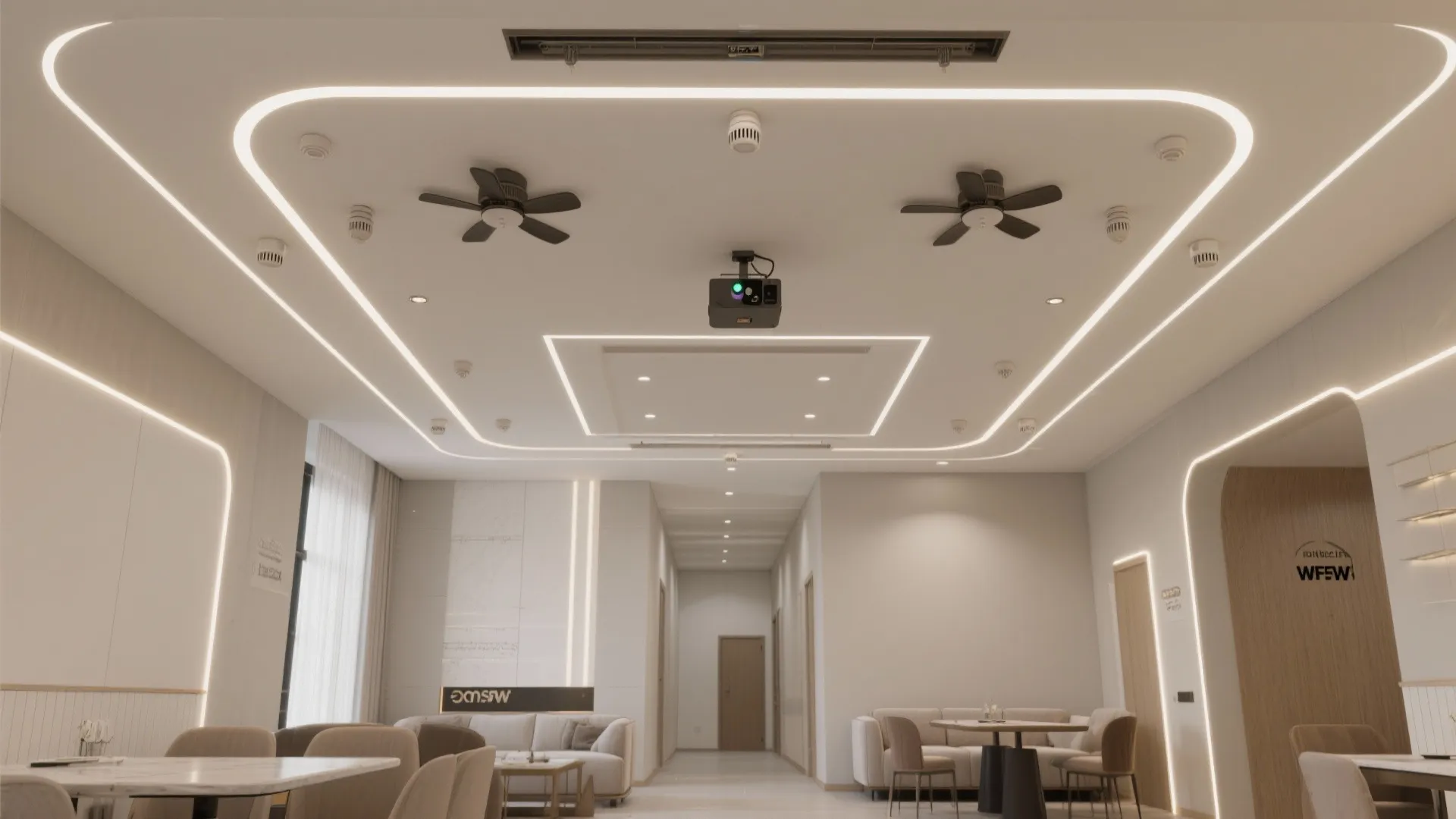 Modern white office interior with recessed ceiling lights black fans projector and comfortable lounge seating area