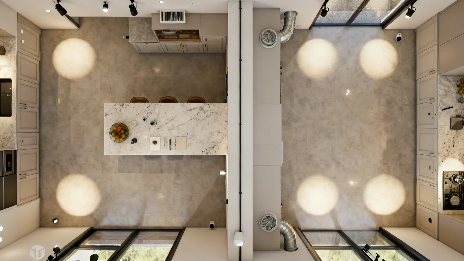 Top-down view of a kitchen shows a centered service spine drop with duct, sprinkler, sensors, and track lighting aligned.