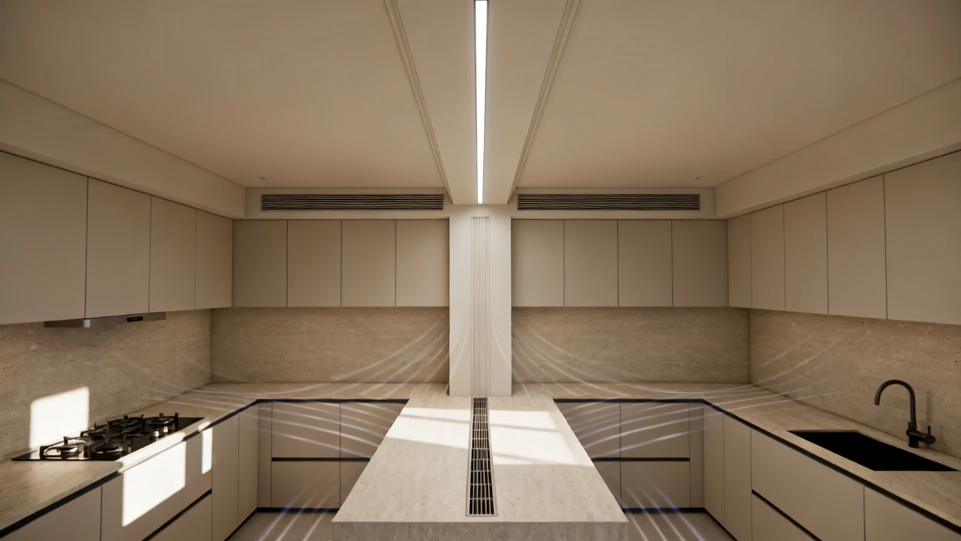 Top-down view showing a central gypsum spine with linear light and slot diffuser aligned to the island.