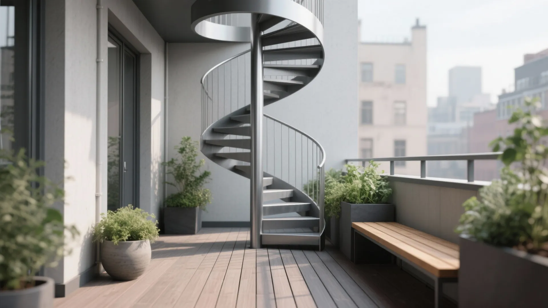 Modern outdoor balcony featuring metal spiral stairs wooden deck floor green plants and city view