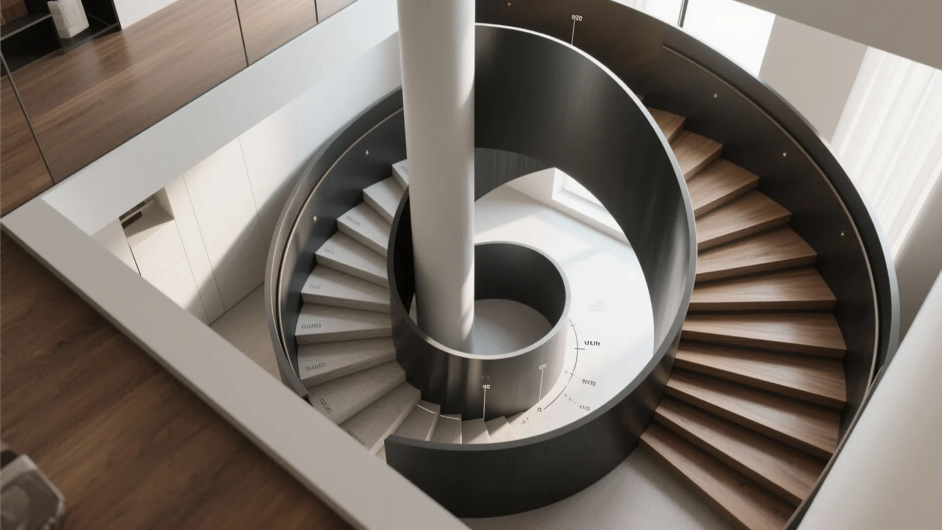 Top-down layout of a compact spiral and quarter-turn staircase options, showing clearances and footprint efficiency.