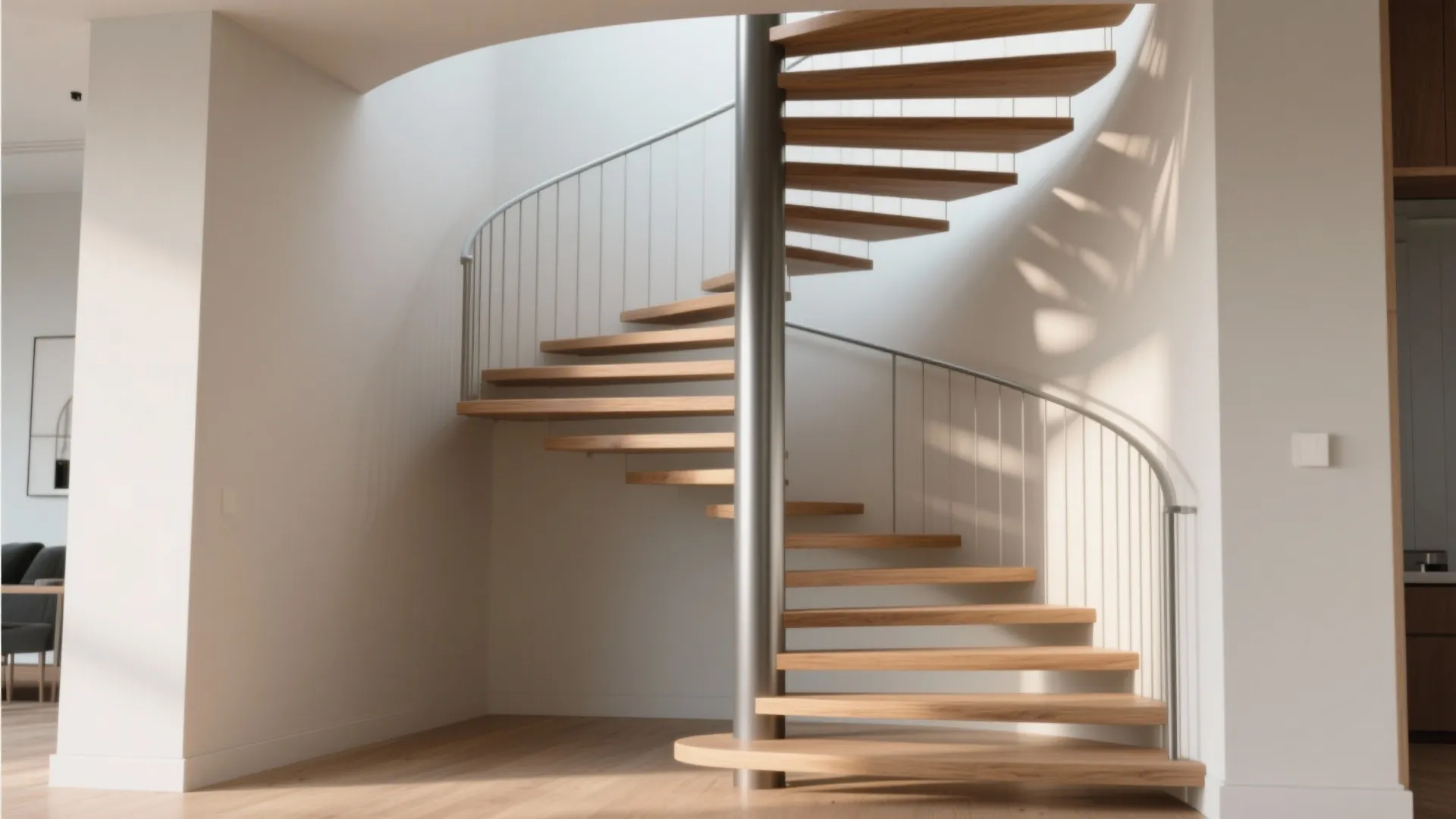 Spiral wooden stairs with metal pole and white handrail in a bright modern home interior