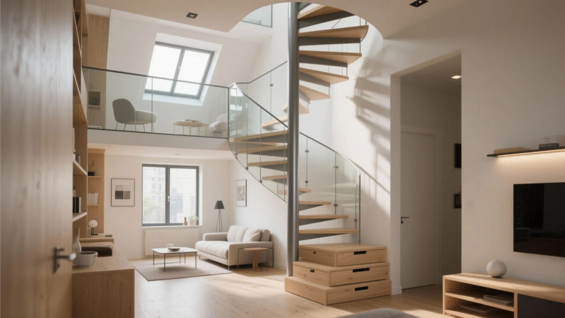 Bright living room featuring a curved stair with glass railing and light wood floor design