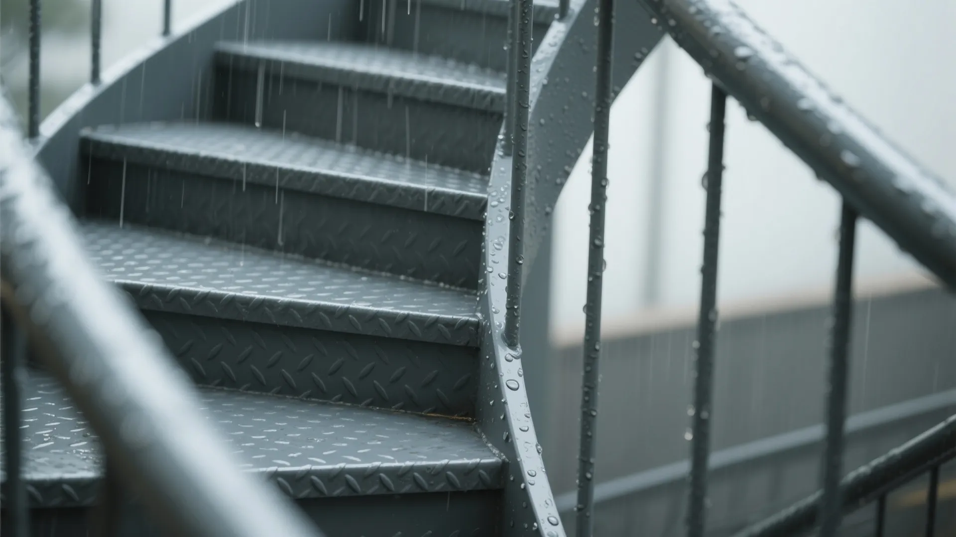 Close up of grey metal outdoor stairs with water drops on the non slip surface steps