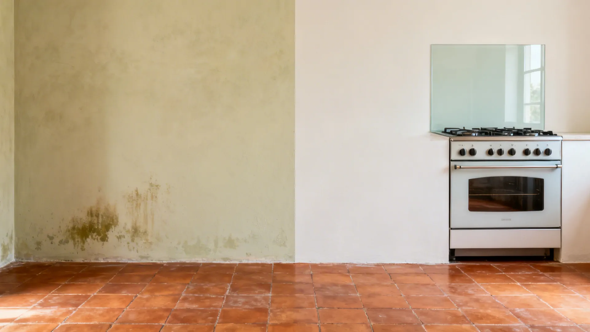 Before and after split showing stained wall versus sealed or glass-protected backsplash above the stove.