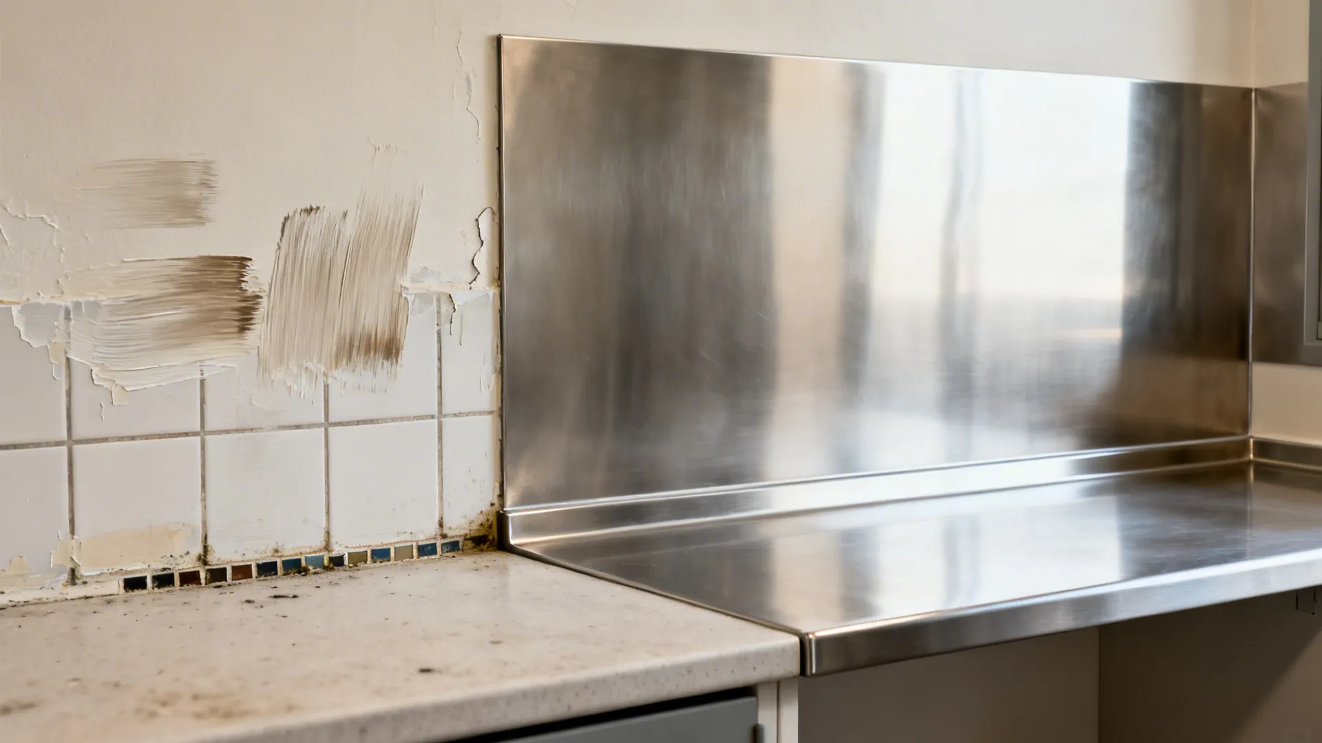 Before-after of splash zone upgrading from small tiles to full-height stainless and seamless counter.