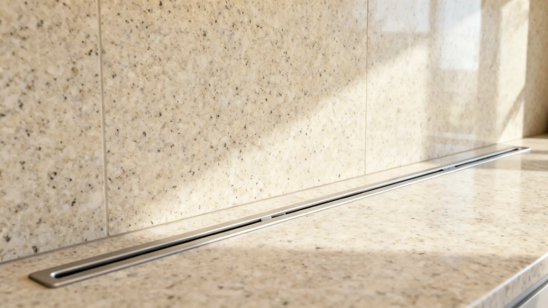Macro of creamy granite backsplash meeting counter with a clean seam and flush outlet rail.