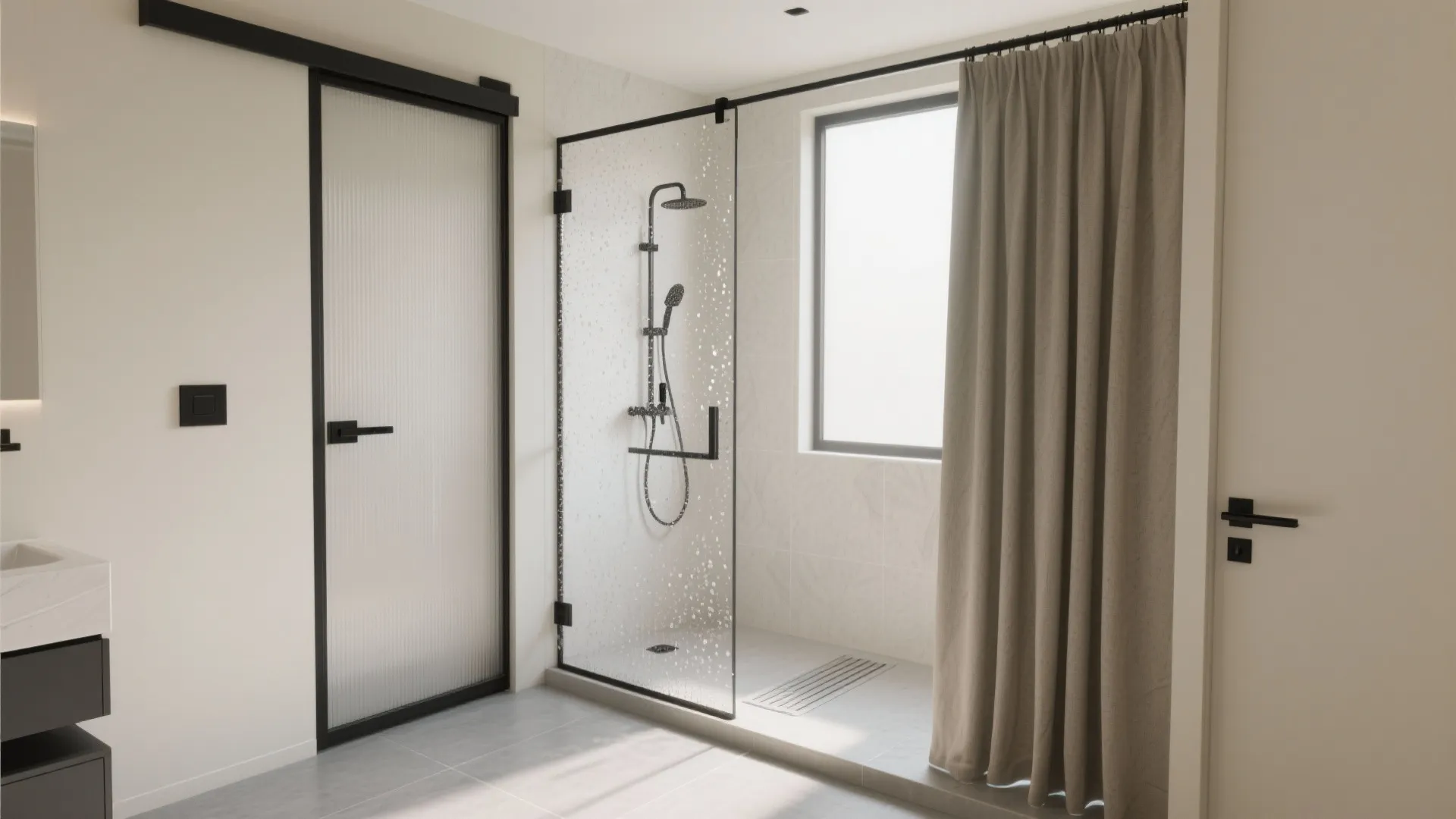 Small wet room with pocket sliding door, half-height screen, and wide curtain controlling splash.