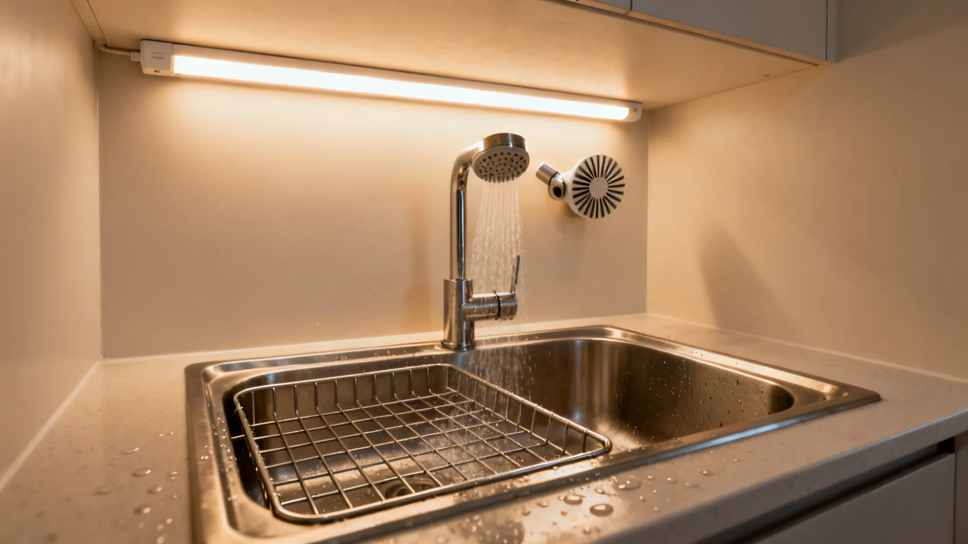 Small kitchen sink with a stainless basin grid, fan-spray faucet head, and warm LED task lighting.