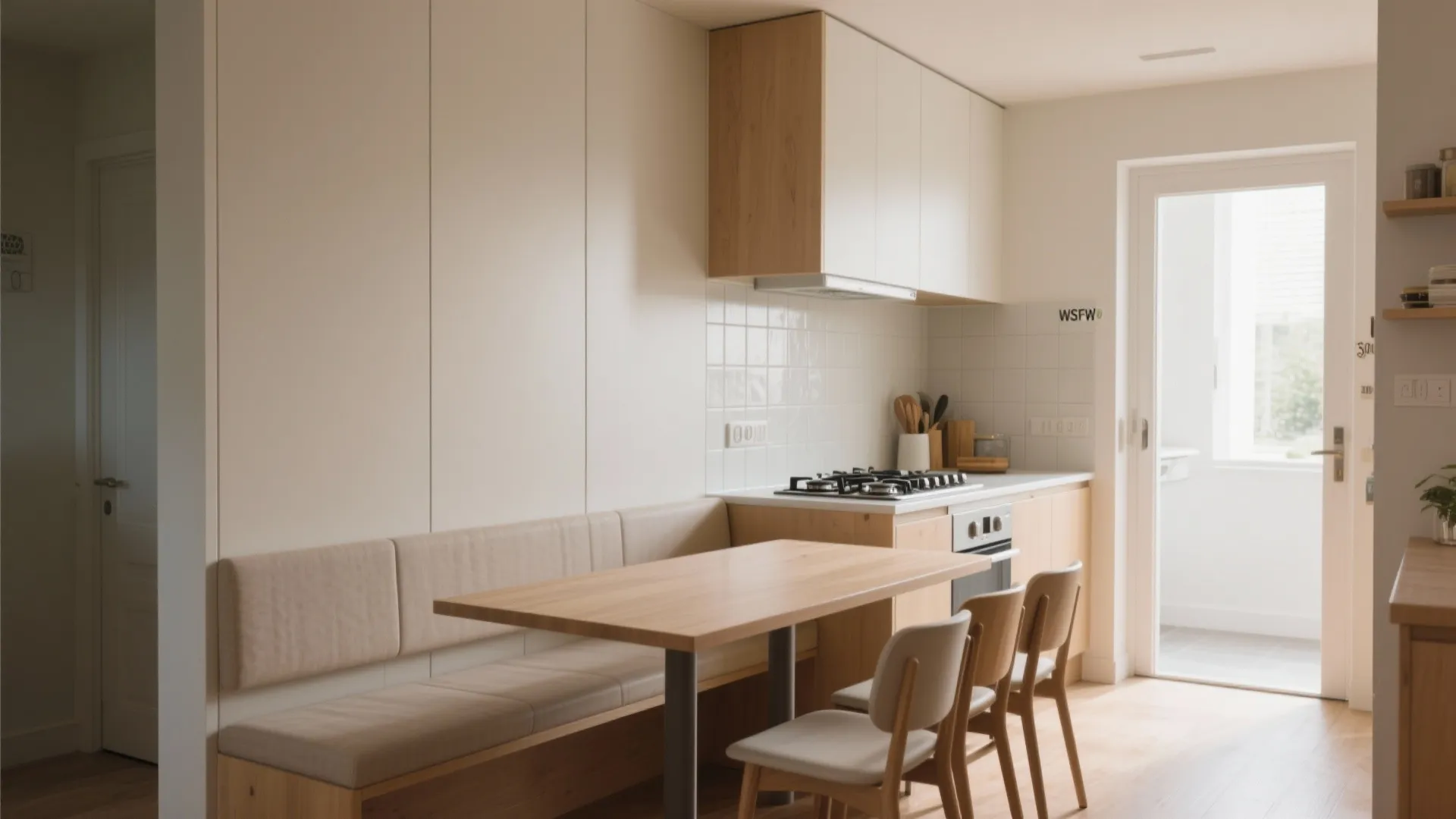 Modern small kitchen featuring wooden table with bench seating white cabinets and a glass door