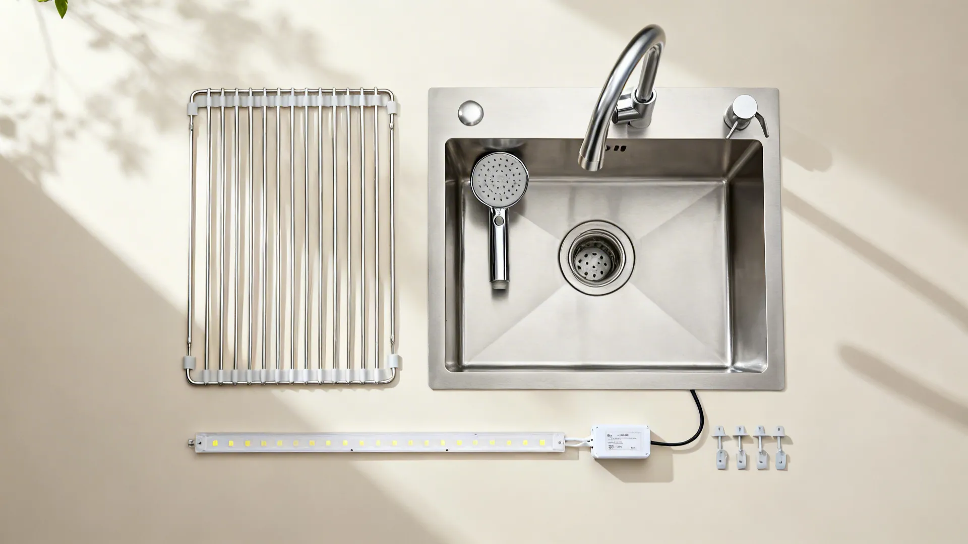 Top-down layout of a stainless grid, spray head, and LED strip components for sink upgrades.