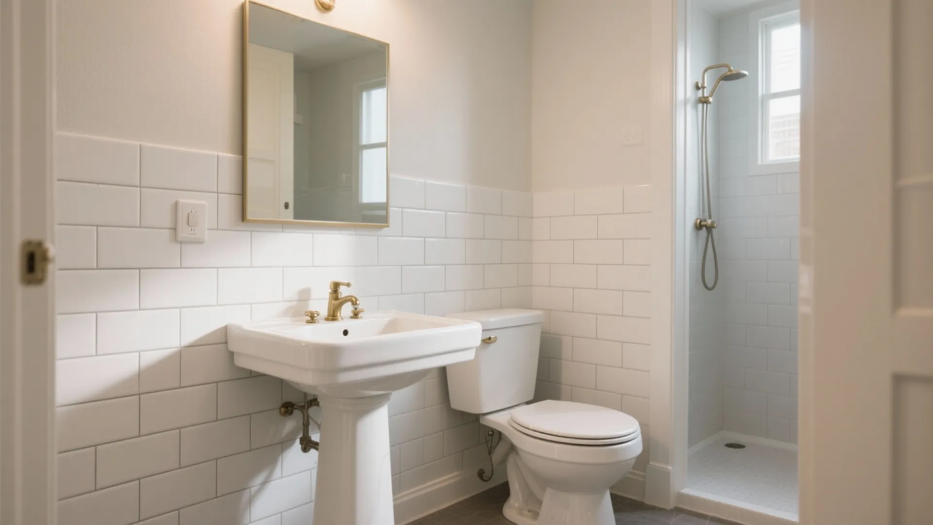 1) Tile-Effect Vinyl Wallpaper in Splash Zones (Not the Shower)