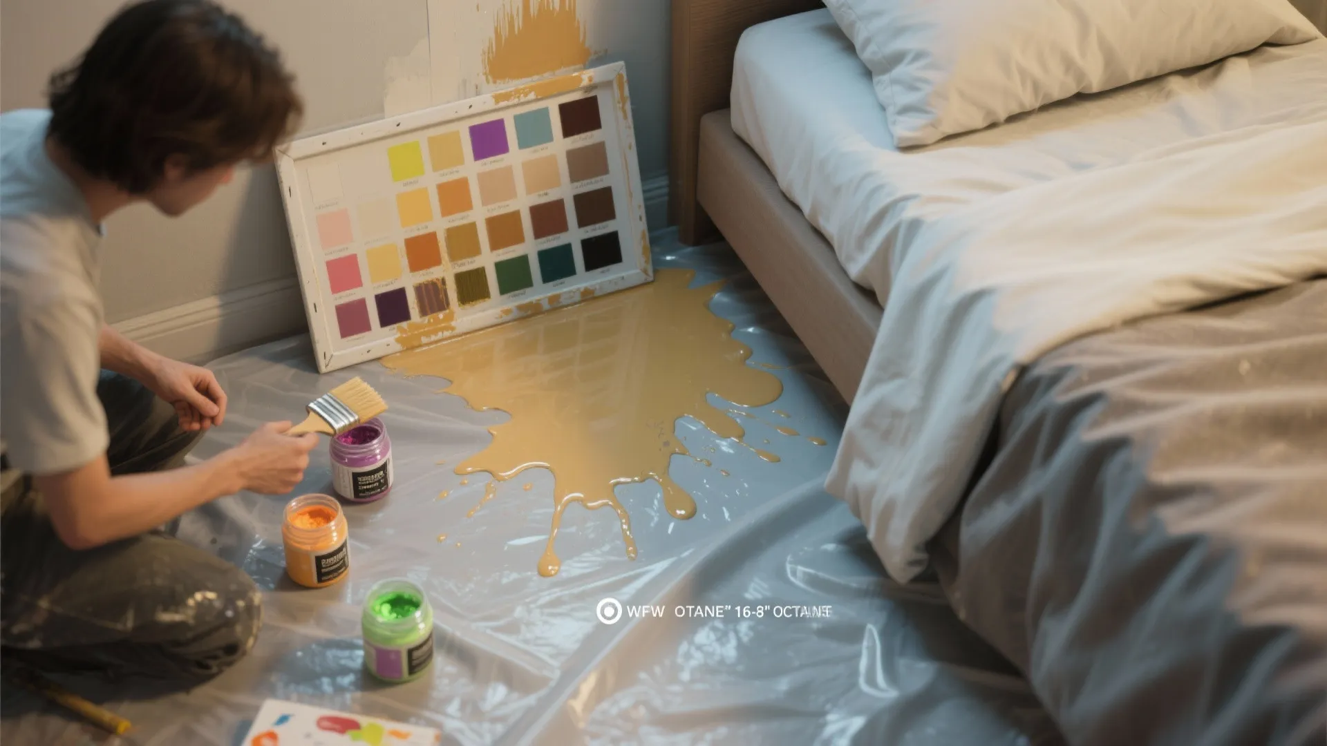 Man painting bedroom with spilled yellow paint on plastic sheet near bed and color sample board