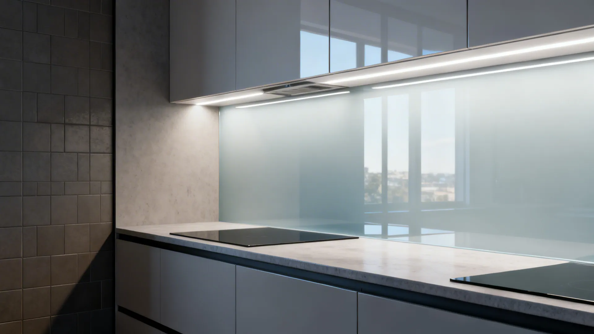 Modern kitchen with white cabinets blue glass wall panel light grey countertop and electric stove