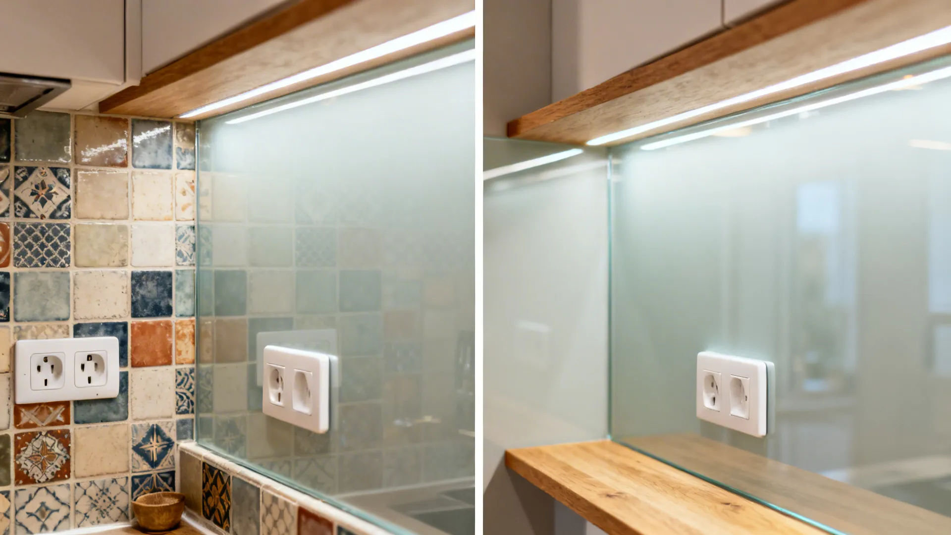 Before-and-after showing tiles replaced by a seamless glass splashback that brightens the kitchen.