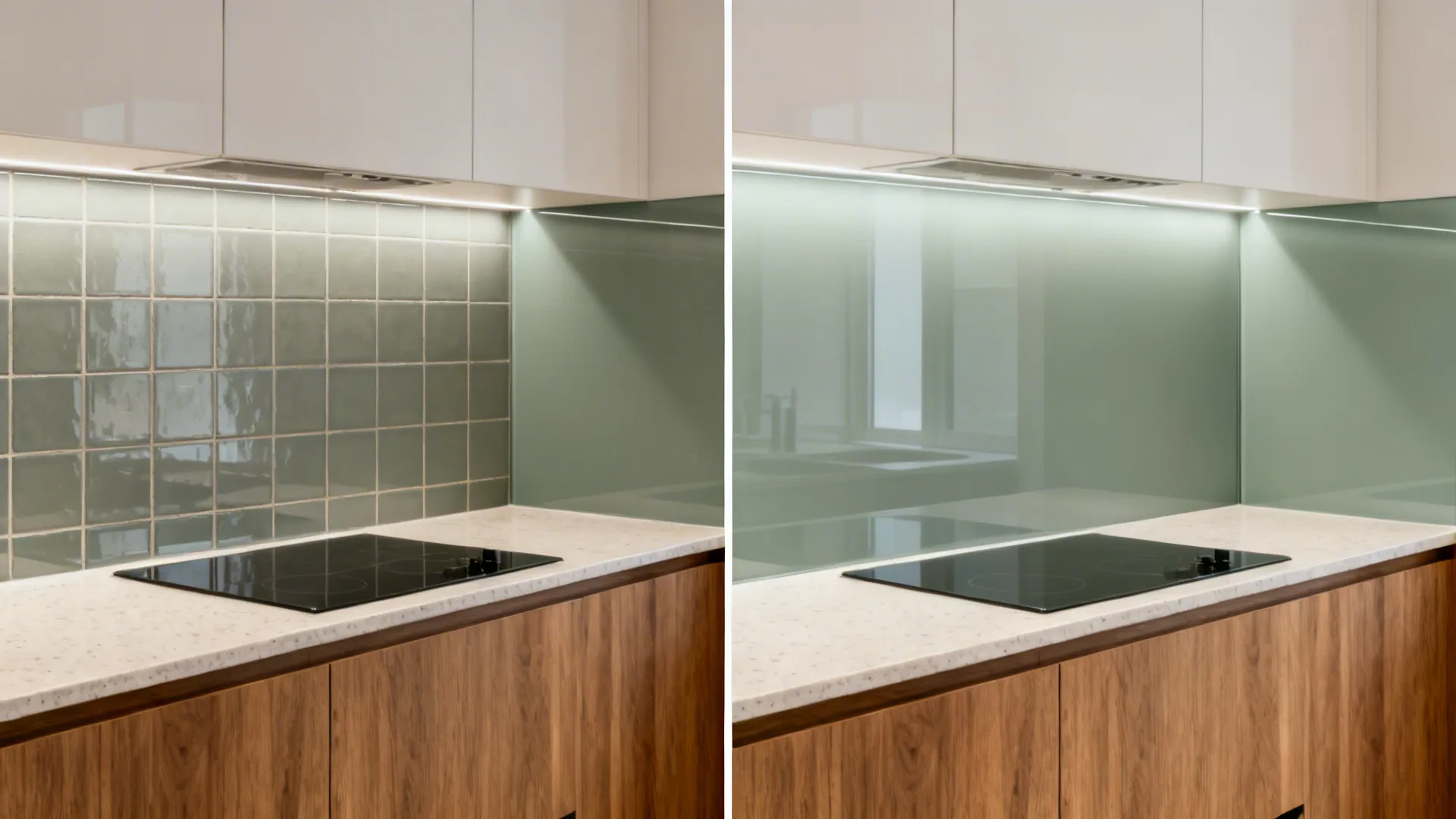 Before-and-after showing tile versus glass splashback, with the glass side brighter and cleaner.