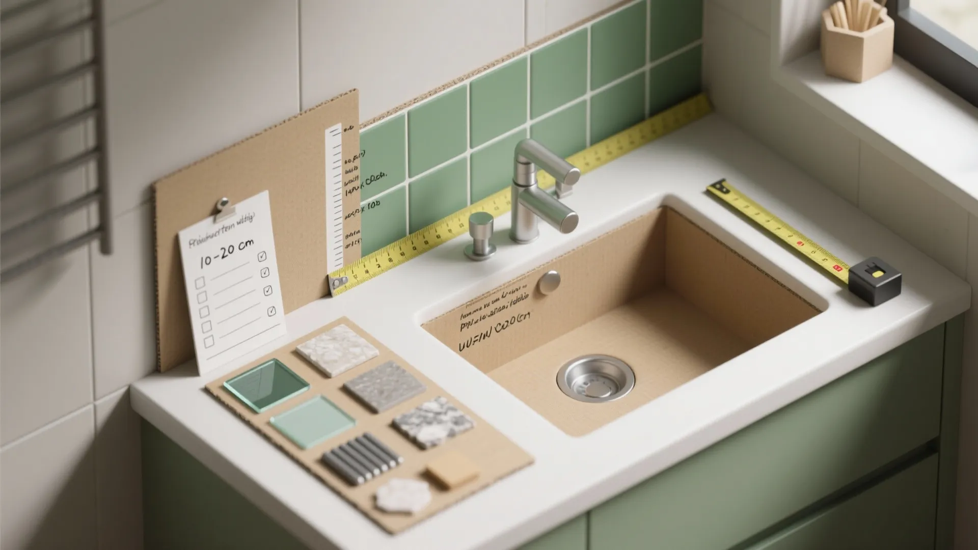 Kitchen sink design planning with green wall tiles measuring tape material samples and checklist on counter