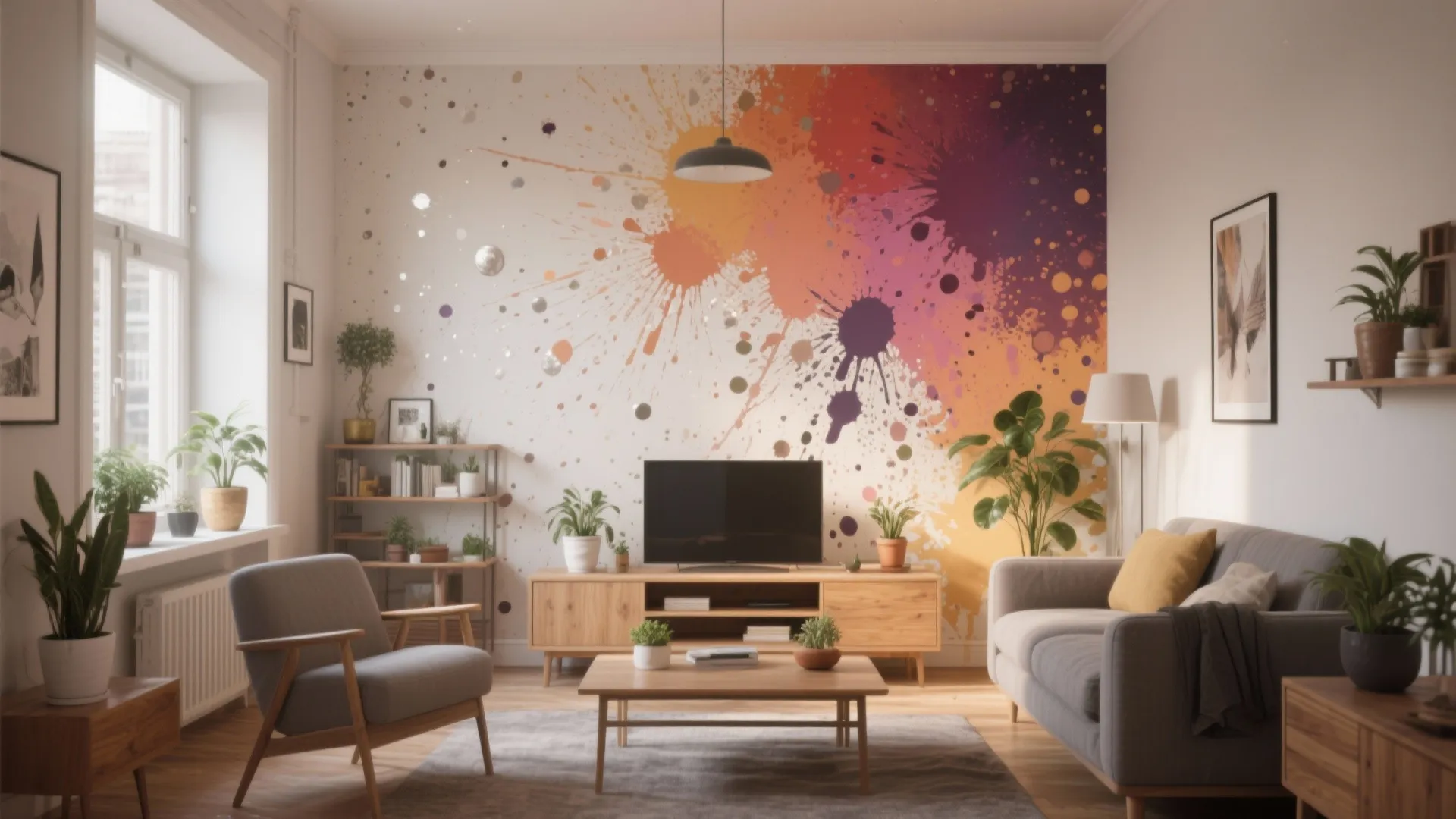 Modern living room with a colorful paint splatter wall mural behind a wooden television stand