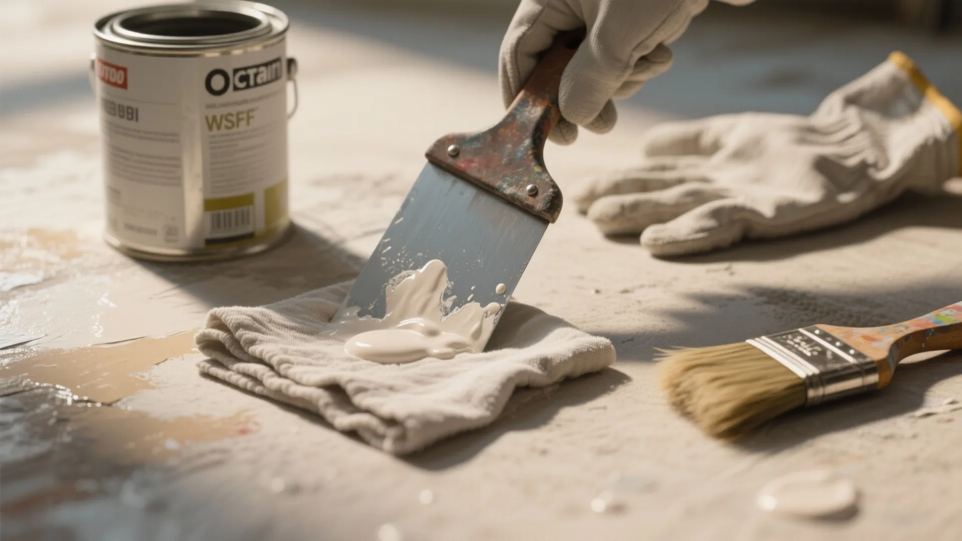 Person using a metal scraper tool with beige paint next to a paint can and glove