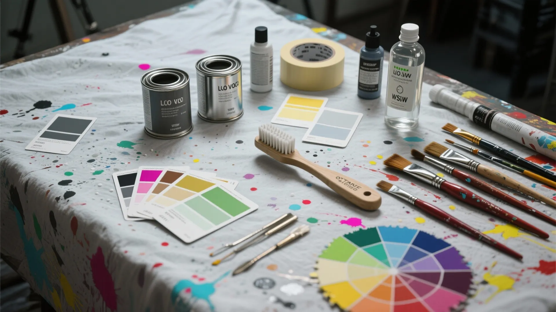 Table with paint cans color swatches brushes and tools for home interior wall design project