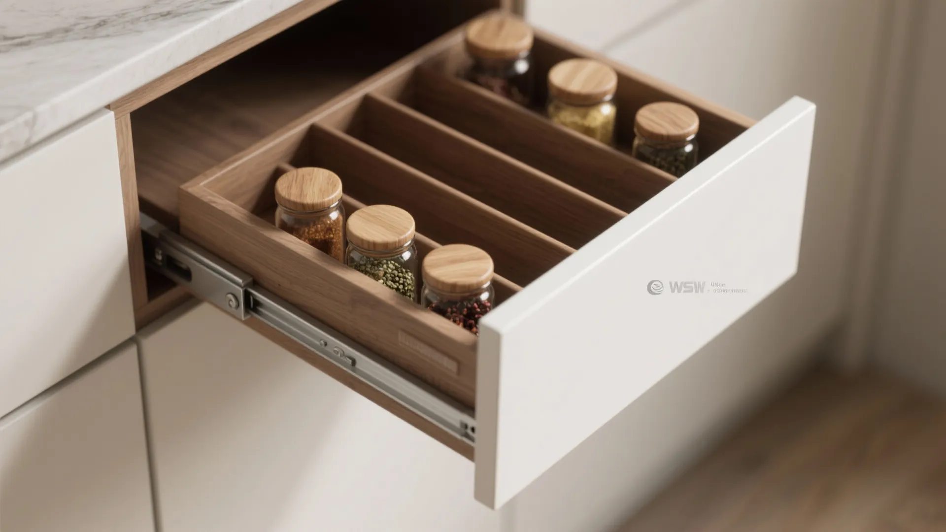 Open kitchen drawer showing wooden storage organizer filled with small spice jars and glass containers inside