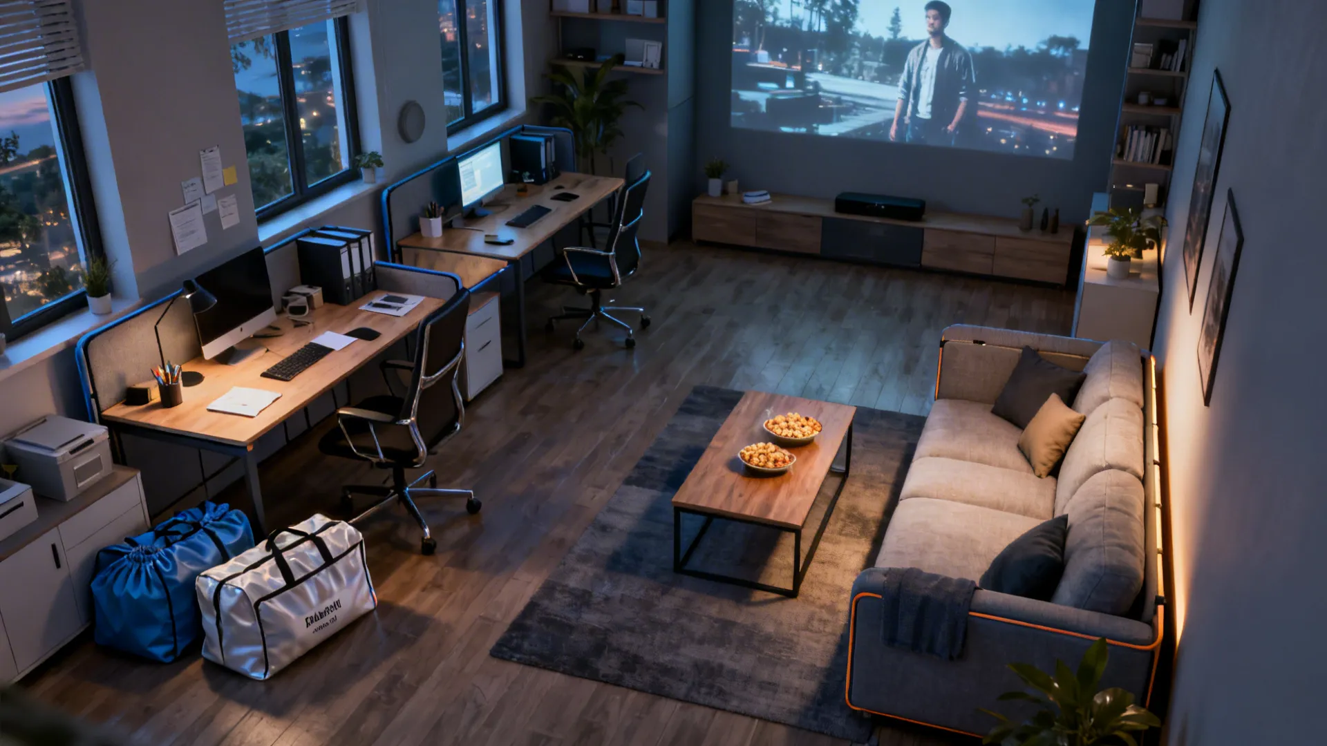 Multifunction living/dining layout with split-back modulars shown in two orientations for day and night.