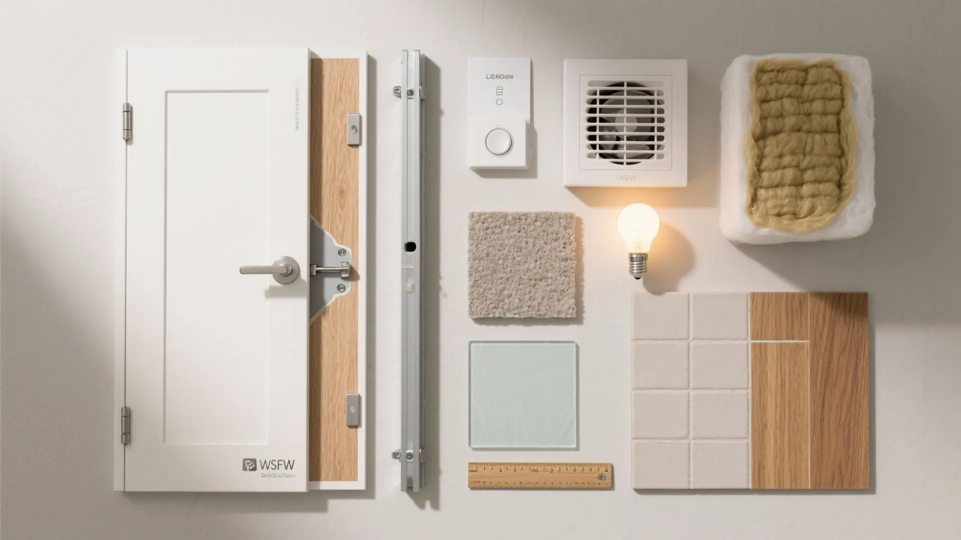 Top down view of interior materials including mini white door wood samples tiles and light
