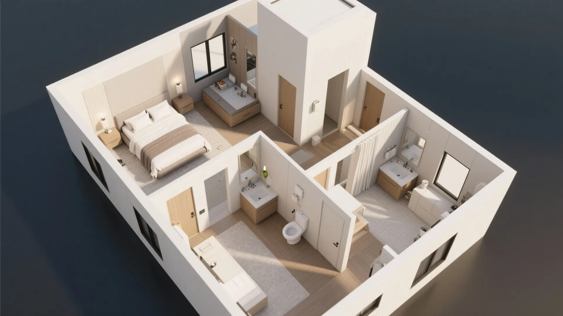 4. Smart zoning with split bathrooms