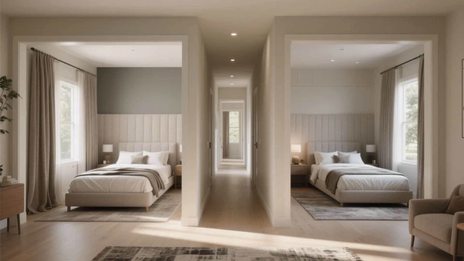 Symmetrical interior design showing two identical bedrooms with white beds separated by a central hallway
