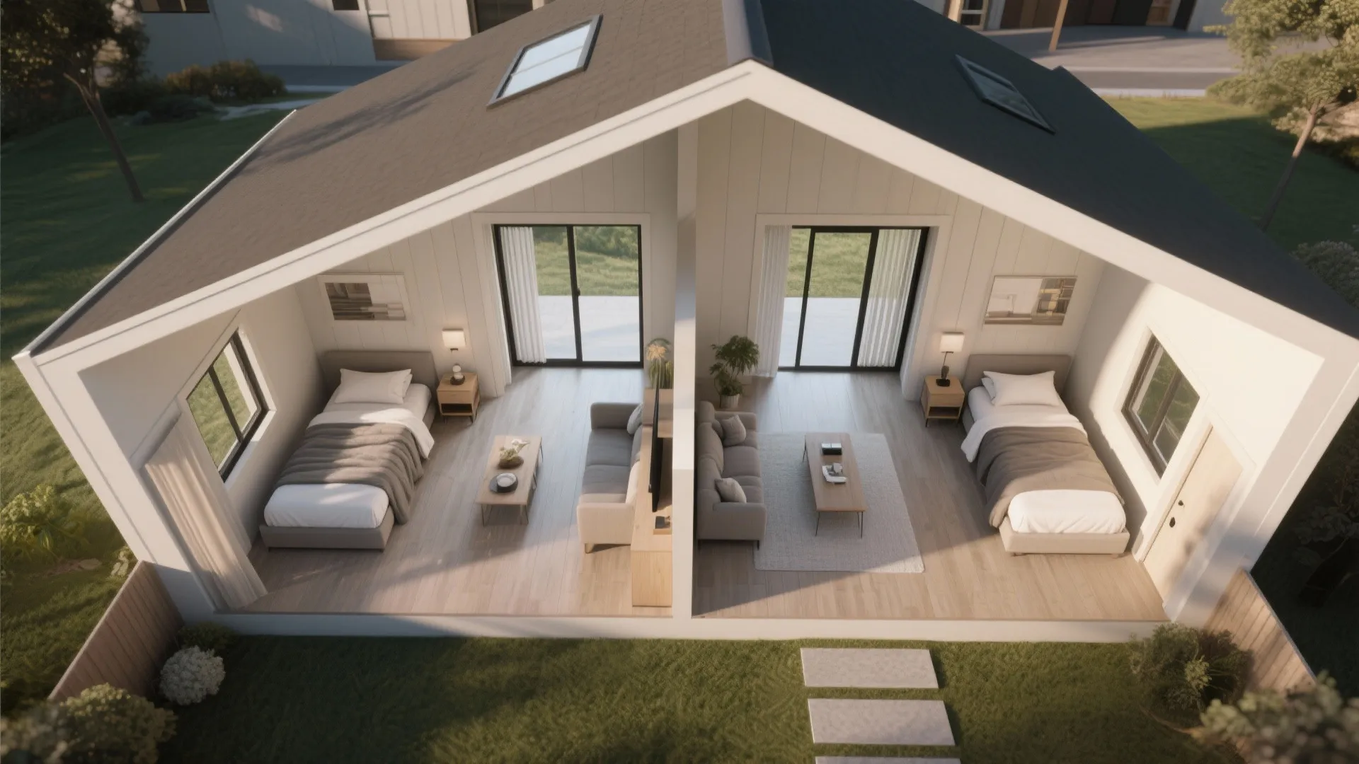 ADU interior illustrating bedrooms at opposite ends with a central living area for privacy