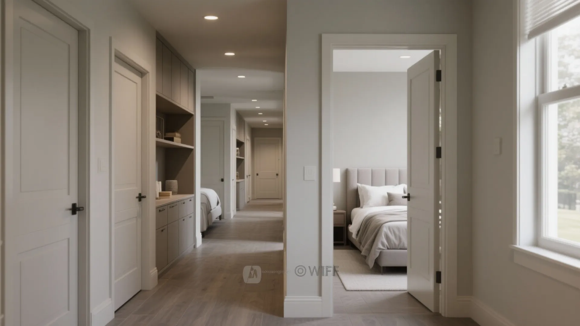 Hallway with built-in storage illustrating a split-bedroom layout for privacy between master and secondary bedrooms.