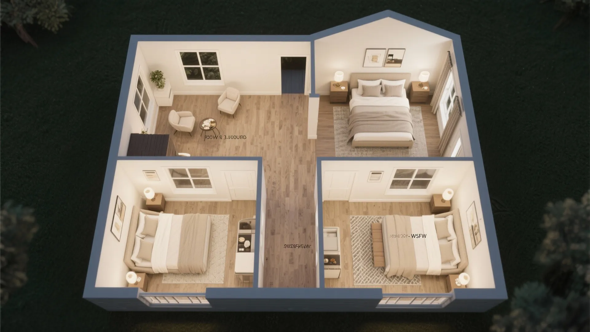 Interior design drawing showing a three bedroom apartment floor plan with living area and furniture