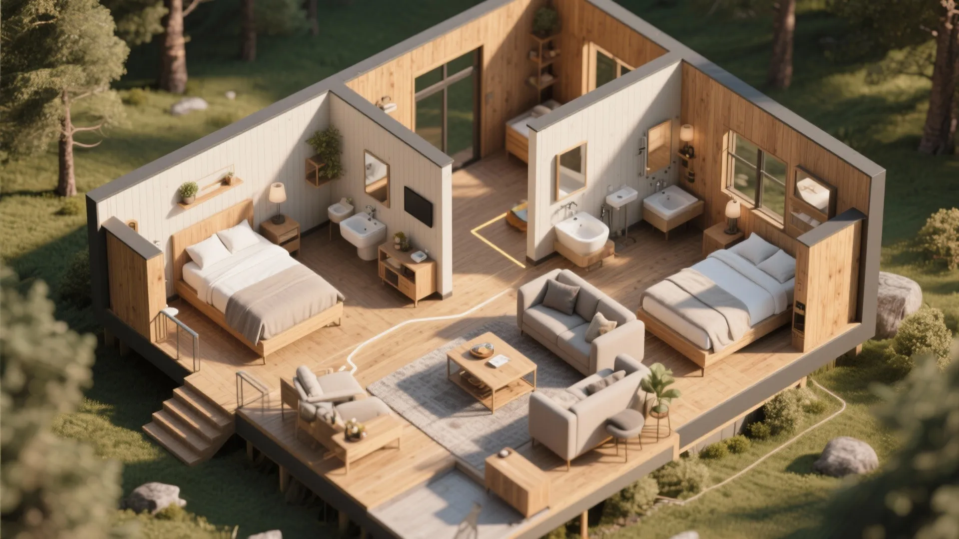 Split-bedroom cabin layout with bedrooms on opposite ends and central living area shown in top-down view.