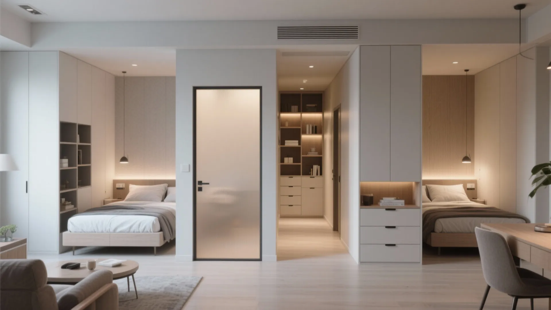 Modern bedroom with two separate beds divided by a frosted glass door and white cabinets