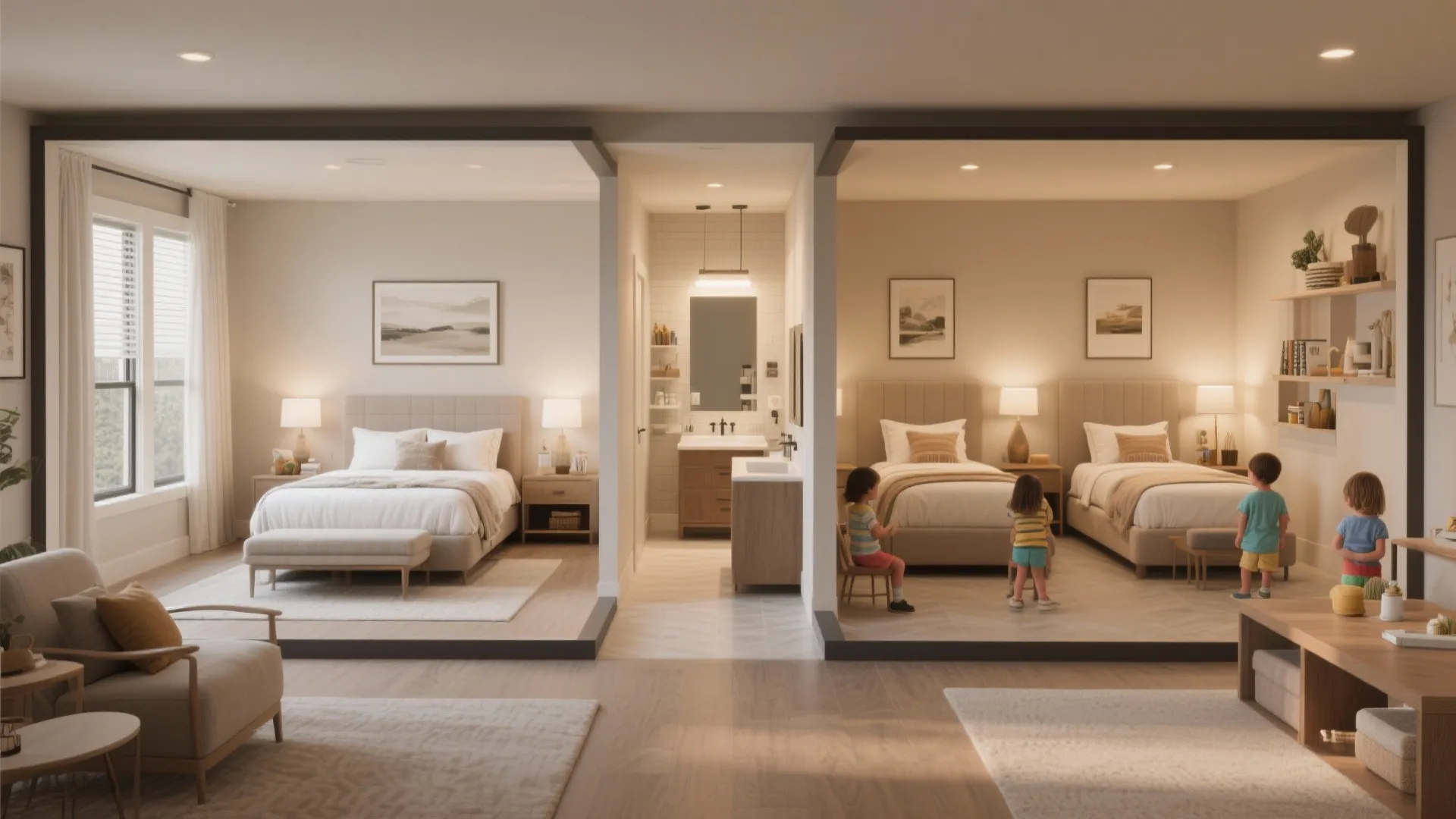 2. Split-bedroom layout for family flow