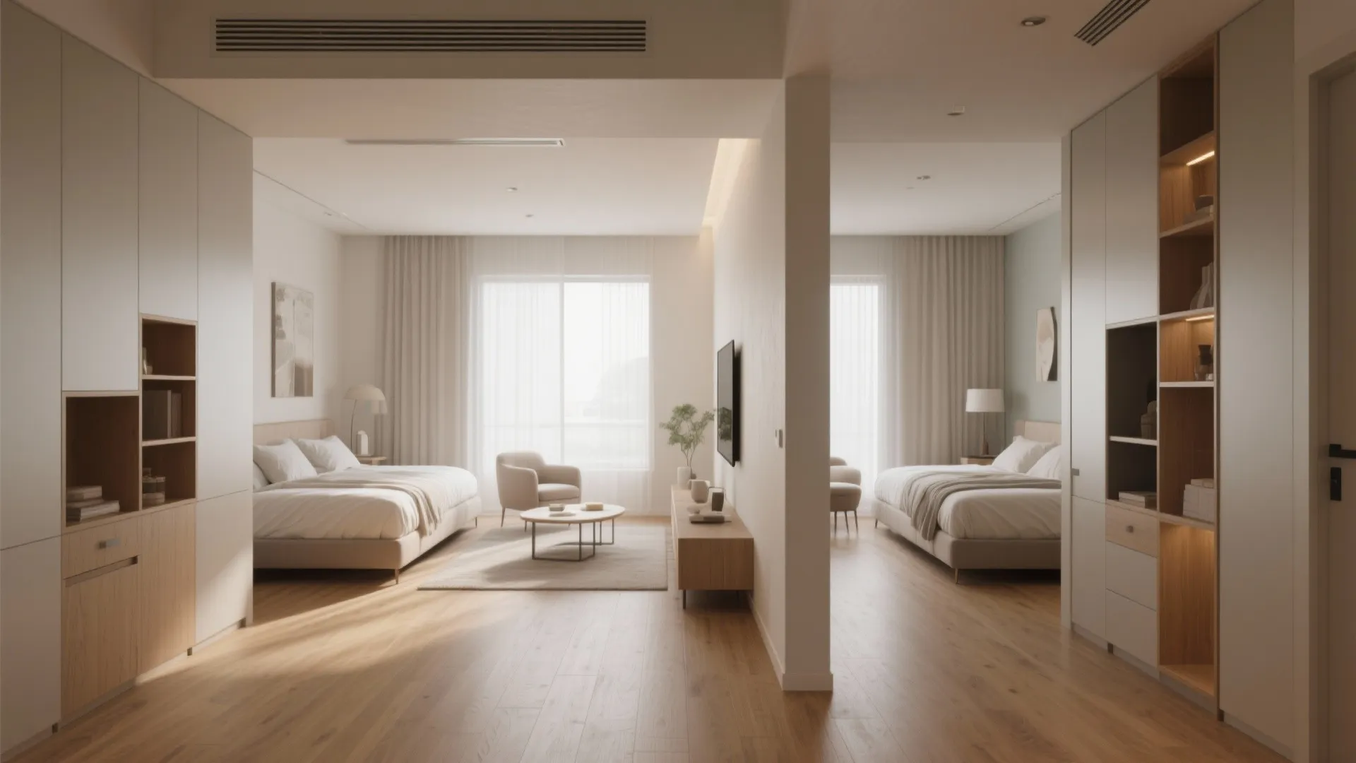 Modern split bedroom interior design drawing with two separate sleeping areas divided by a central wall