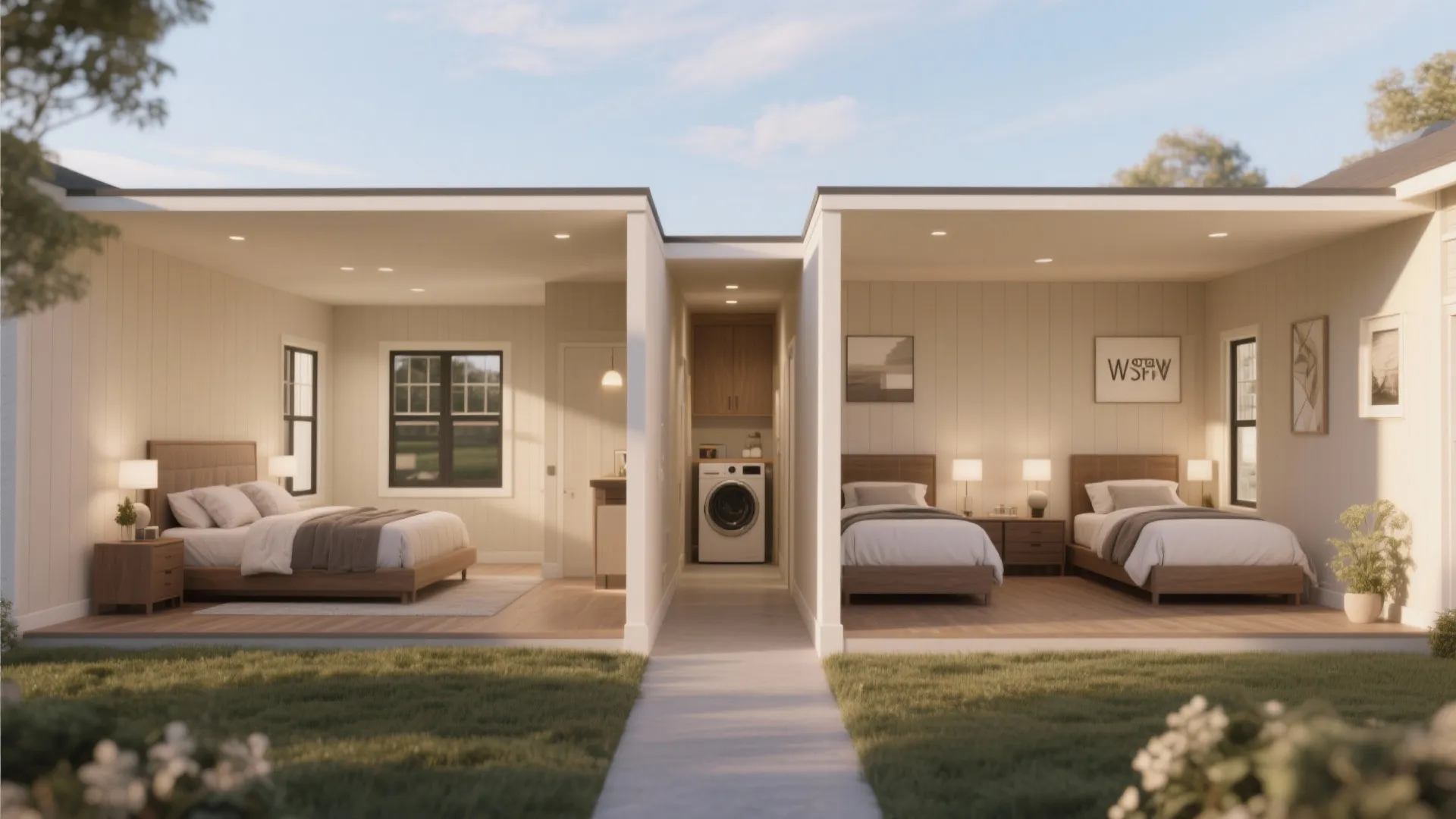 Split-bedroom ranch plan with primary suite separated from secondary bedrooms and central laundry