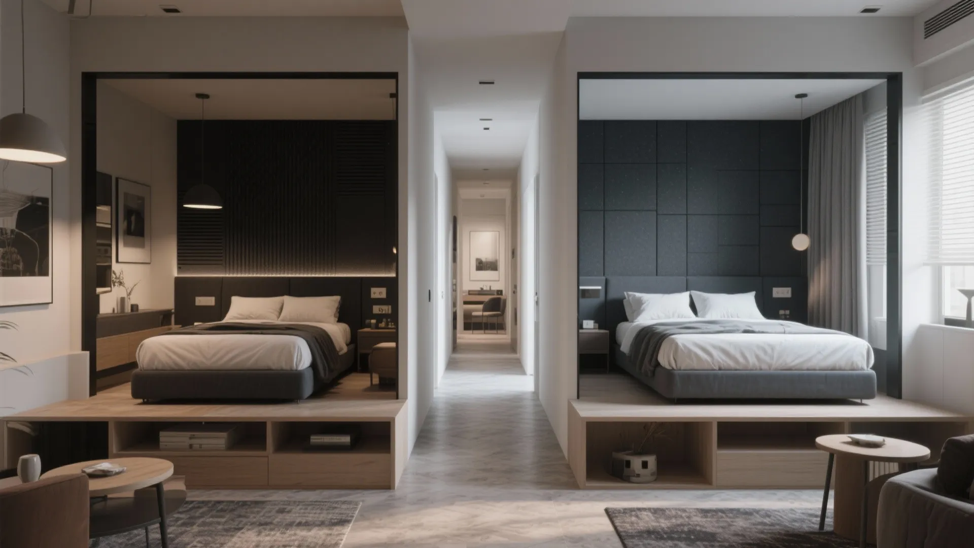 Two identical bedroom designs on raised wooden platforms with storage separated by a central hallway