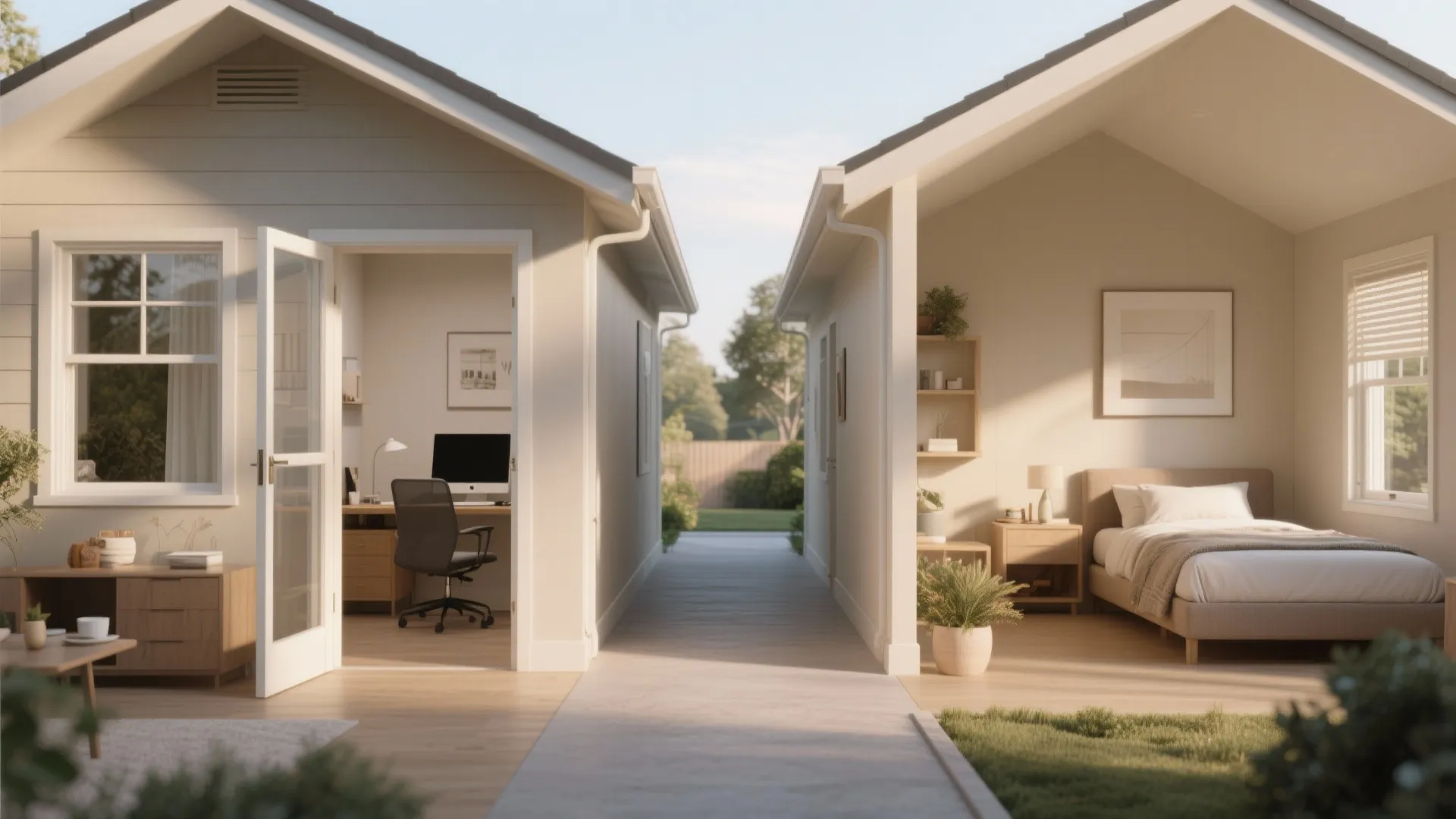 Separate small buildings showing home office with desk and bedroom with white bed and side table