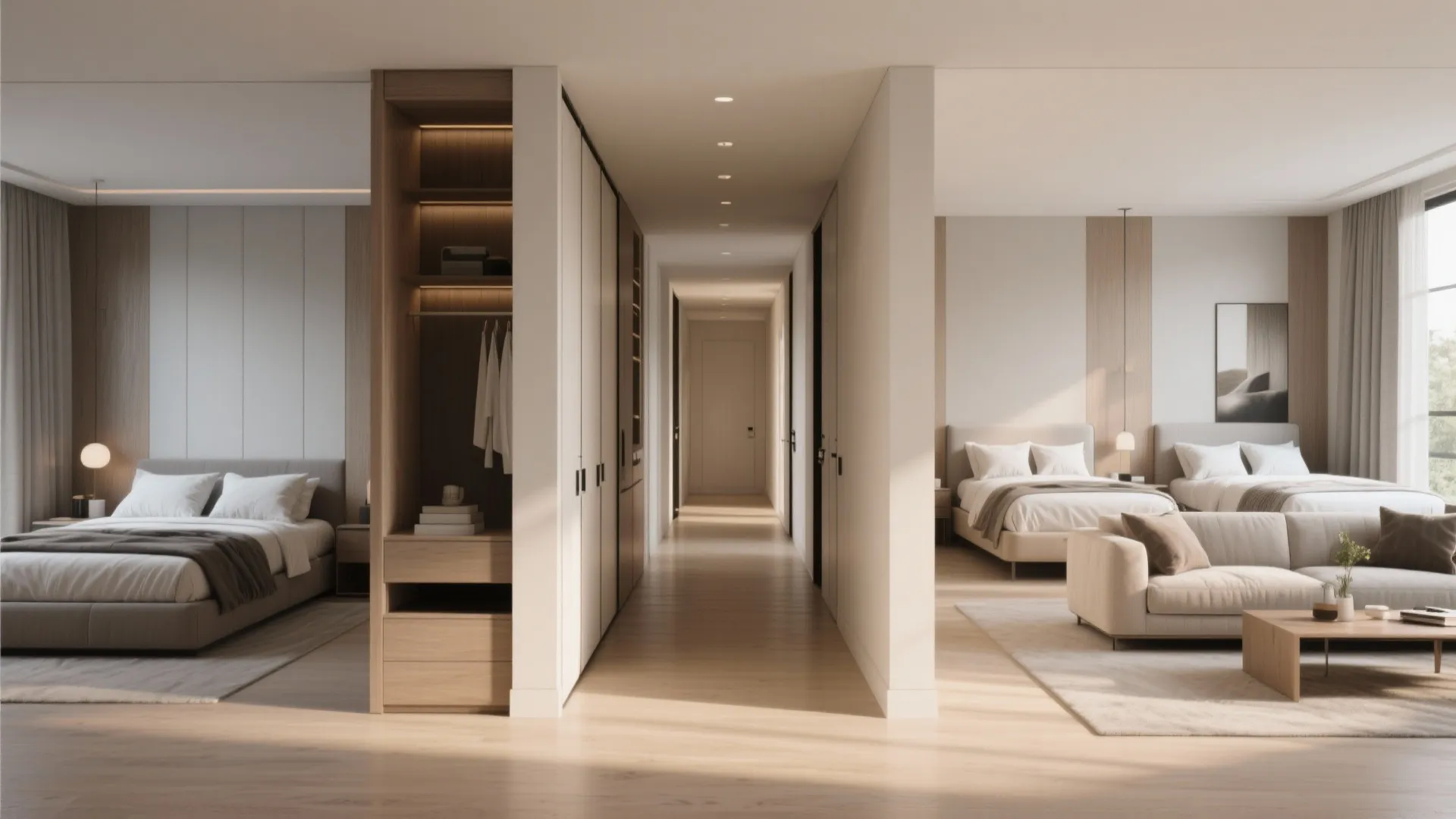 Split-bedroom plan showing master on one side, two bedrooms opposite, hallway storage and pocket doors.
